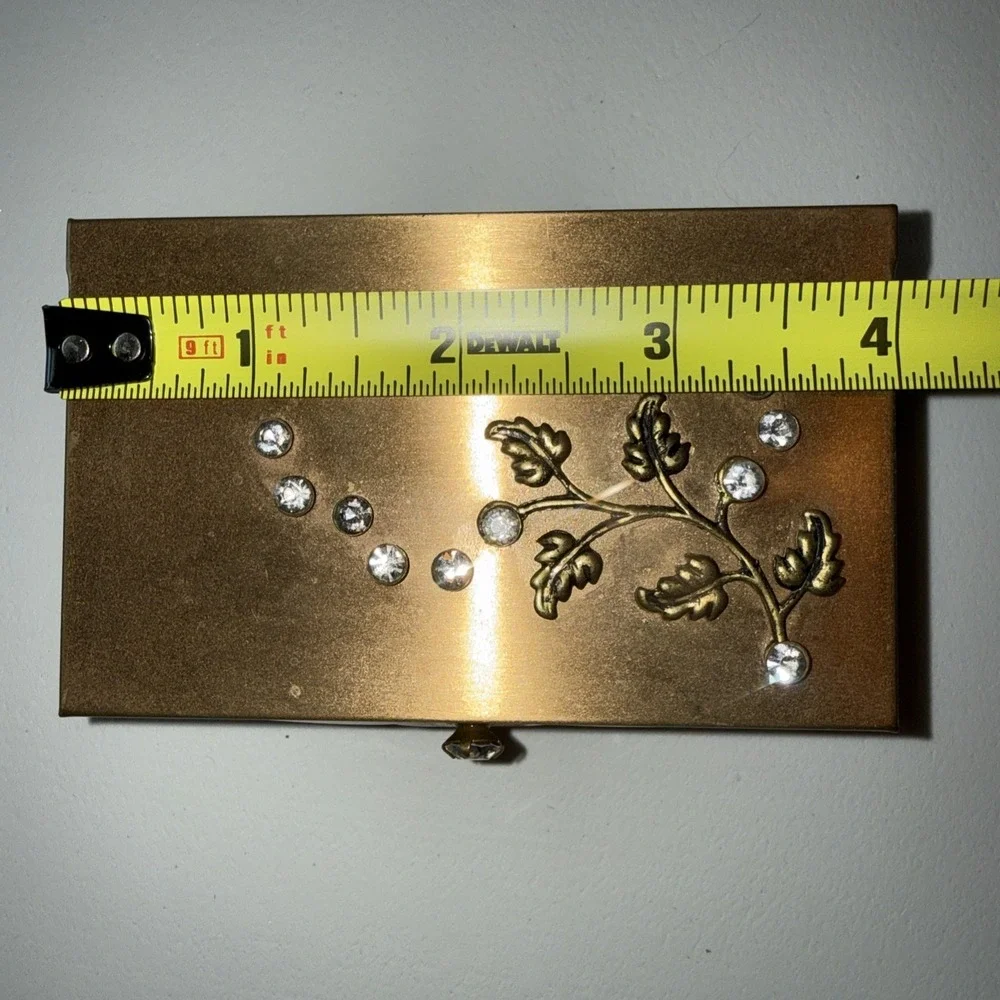 Vintage Mini Brass Jewelry Box with Rhinestones And Mirror 4.0 X‎ 2.5 X 1.25